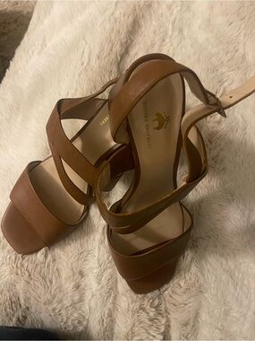 Brooks Brothers Cognac Block Heel Sandals Leather Ankle Strap Women’s